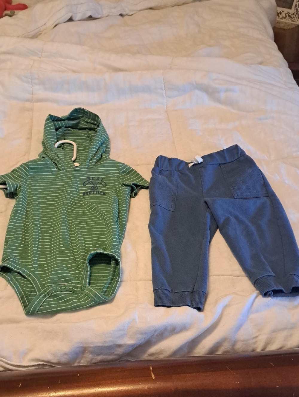 Carter's Green Striped Hooded Baby Romper with Navy Accent